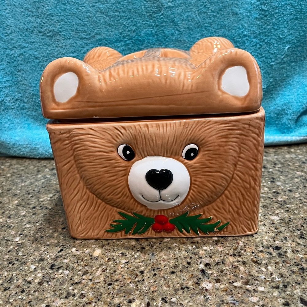 Ceramic Teddy Bear Cookie Jar with Christmas Holly Decoration On Each Side